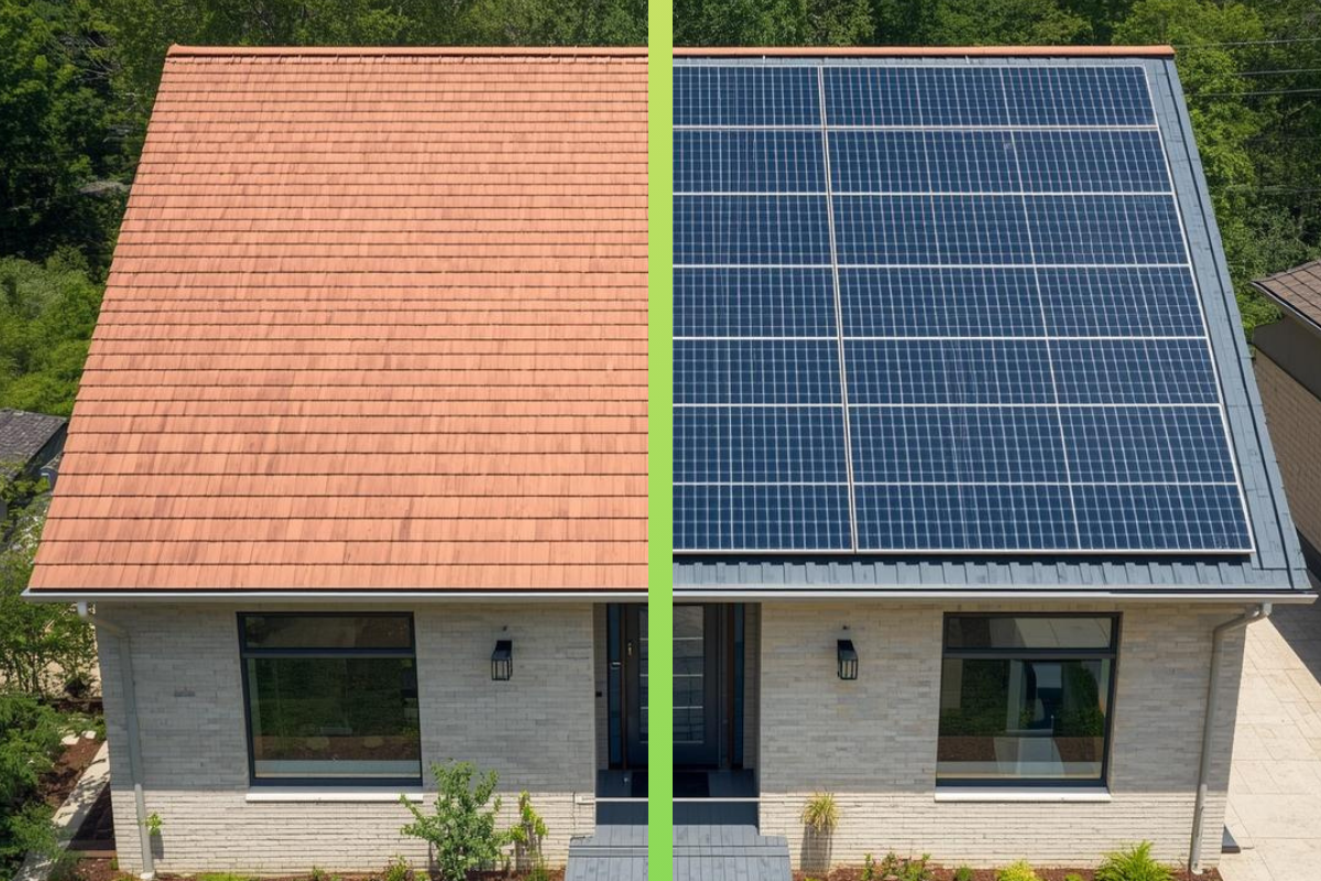 split screen of a house, half with solar panels and half without