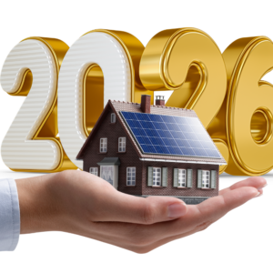 a home with a solar panels with 2026 in large font in the background