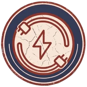 A circular emblem with a stylized electric plug and socket forming a loop around a lightning bolt, set against a cracked, vintage-style background with blue and red accents.