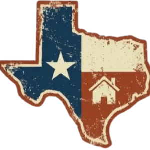 A worn, vintage-style outline of Texas features the state flag’s colors and design, with a white star on blue, and a small white house icon on the red section.