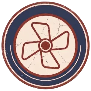 A circular, vintage-style icon featuring a red, four-blade propeller in the center, surrounded by concentric red and blue rings on a cream background with visible cracks and a worn texture.