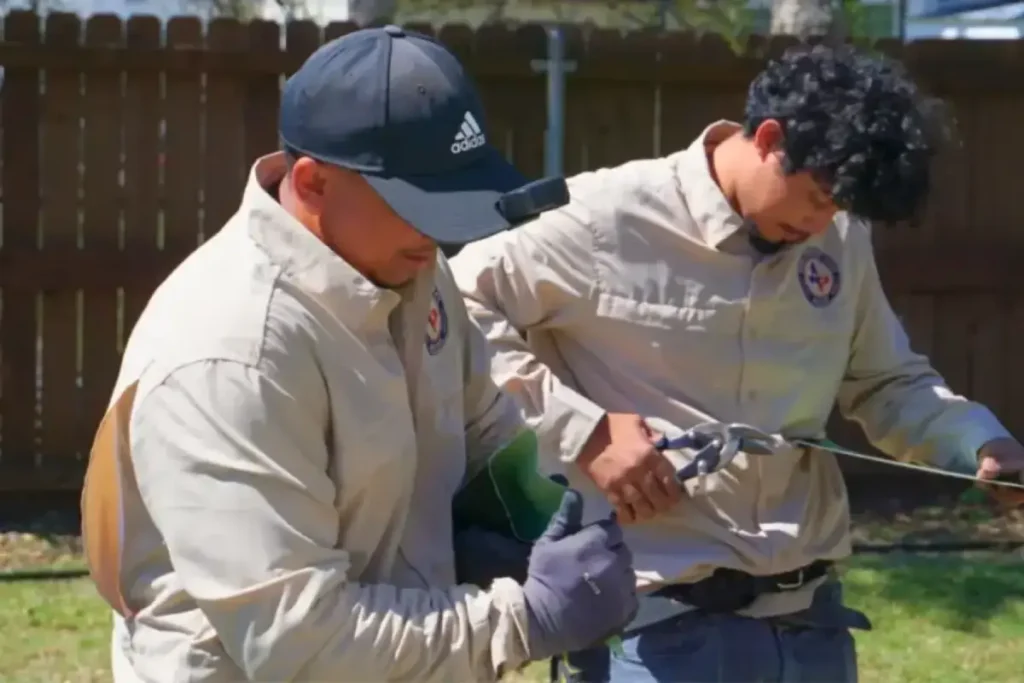 Two workers in beige uniforms and caps handle equipment outdoors near a wooden fence, appearing focused on their task. One is holding gloves and the other is using a tool attached to a cable.