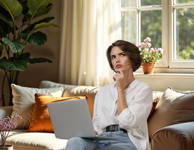 A woman sits on a sofa with a laptop on her lap, looking thoughtful with her hand on her chin. She is surrounded by plants and sunlight streams in through a window behind her.