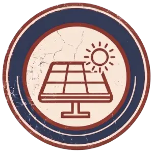 A vintage-style circular icon showing a solar panel with a sun shining above it, surrounded by a blue and red border and visible cracks for a weathered effect.