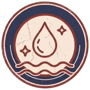 A circular emblem with a large water droplet and two sparkle icons above wavy lines, symbolizing clean water. The design uses red, blue, and beige colors with a distressed, vintage effect.