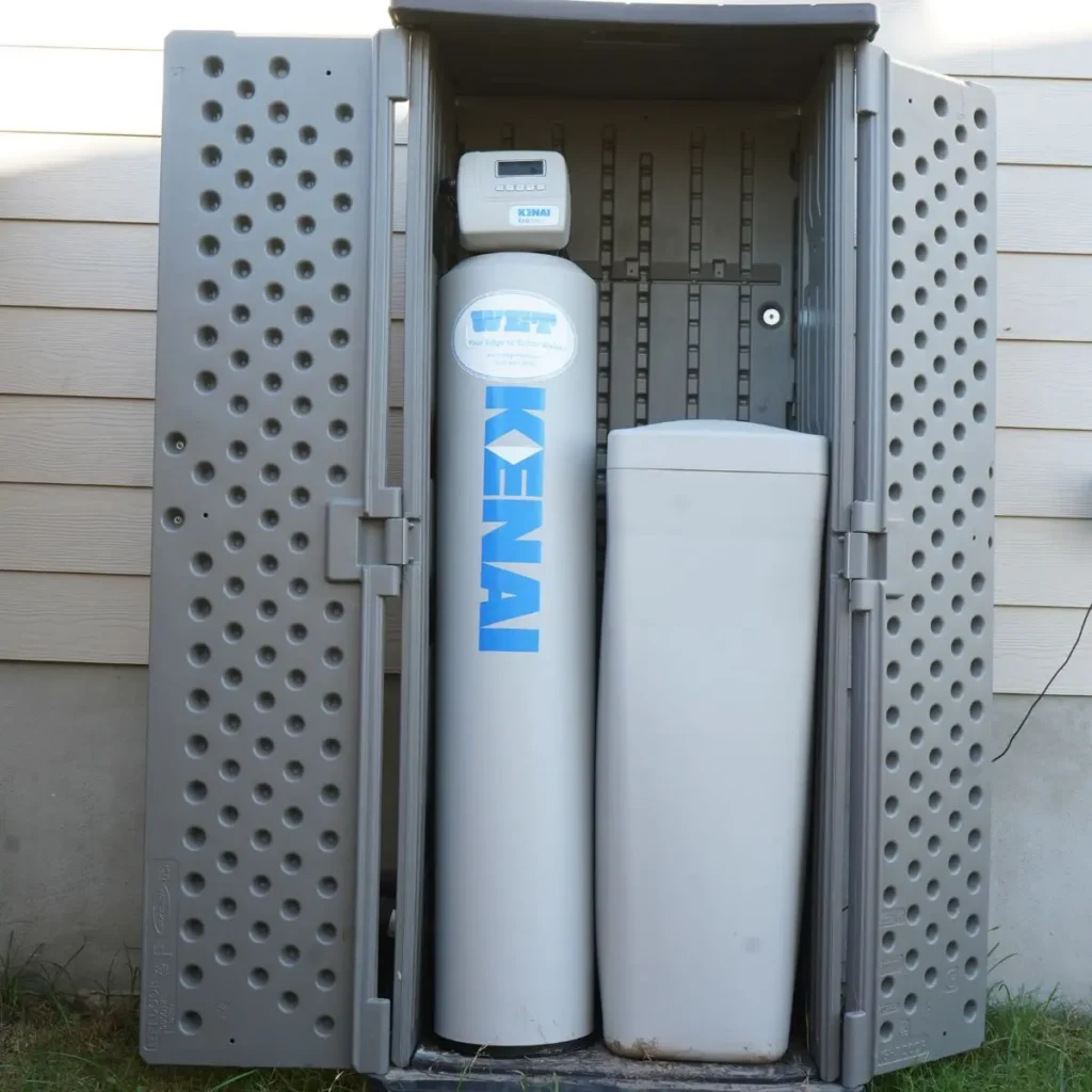 A gray outdoor cabinet with open doors reveals a tall water softener system labeled KENAI and a rectangular brine tank inside, positioned against a house wall.