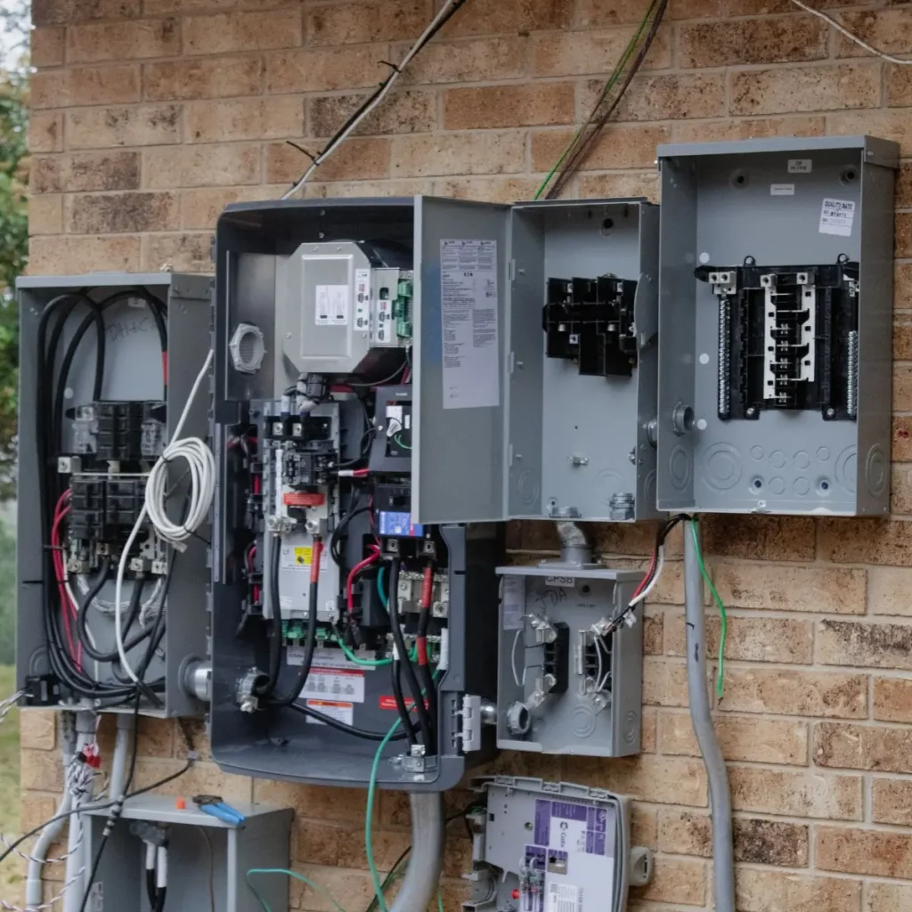 Several open electrical boxes with exposed wiring and circuit breakers are mounted on a brick wall, showing detailed electrical components and cables running in and out of the boxes.