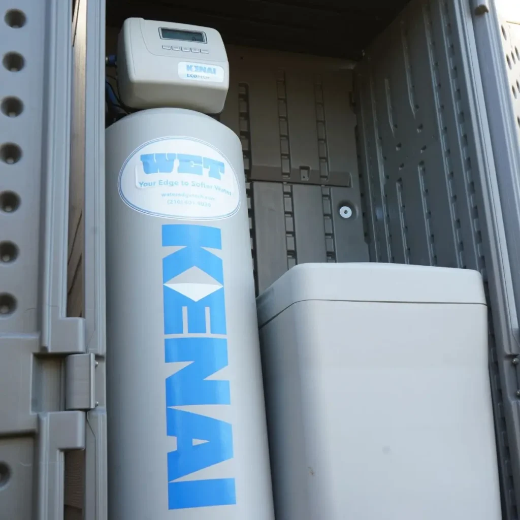 A water softener system labeled KENAI is installed inside a gray utility shed. The system consists of a tall cylindrical tank and a rectangular brine tank positioned side by side.