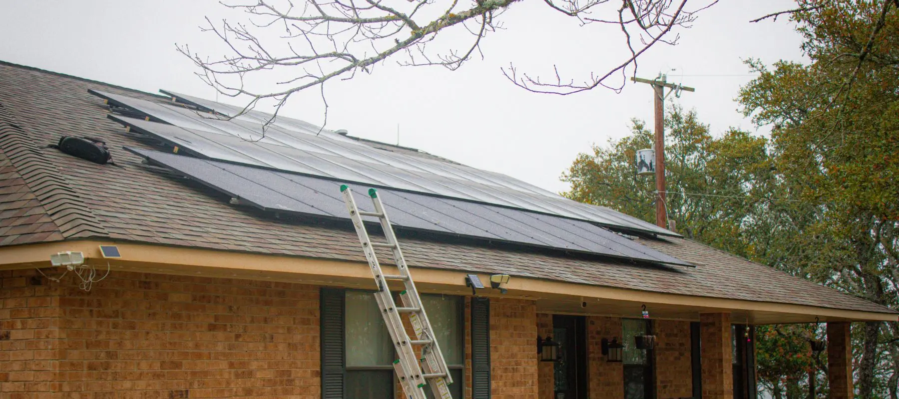 A ladder leans against the roof of a brick house, where multiple solar panels are installed. Tree branches and power lines are visible in the background on an overcast day.