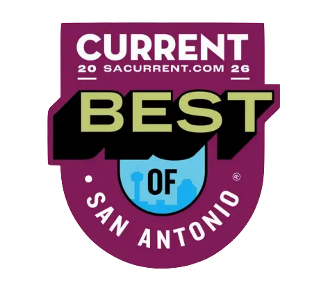 A purple badge reads Current 2026 sacurrent.com Best of San Antonio, with a blue city skyline silhouette inside the OF text.